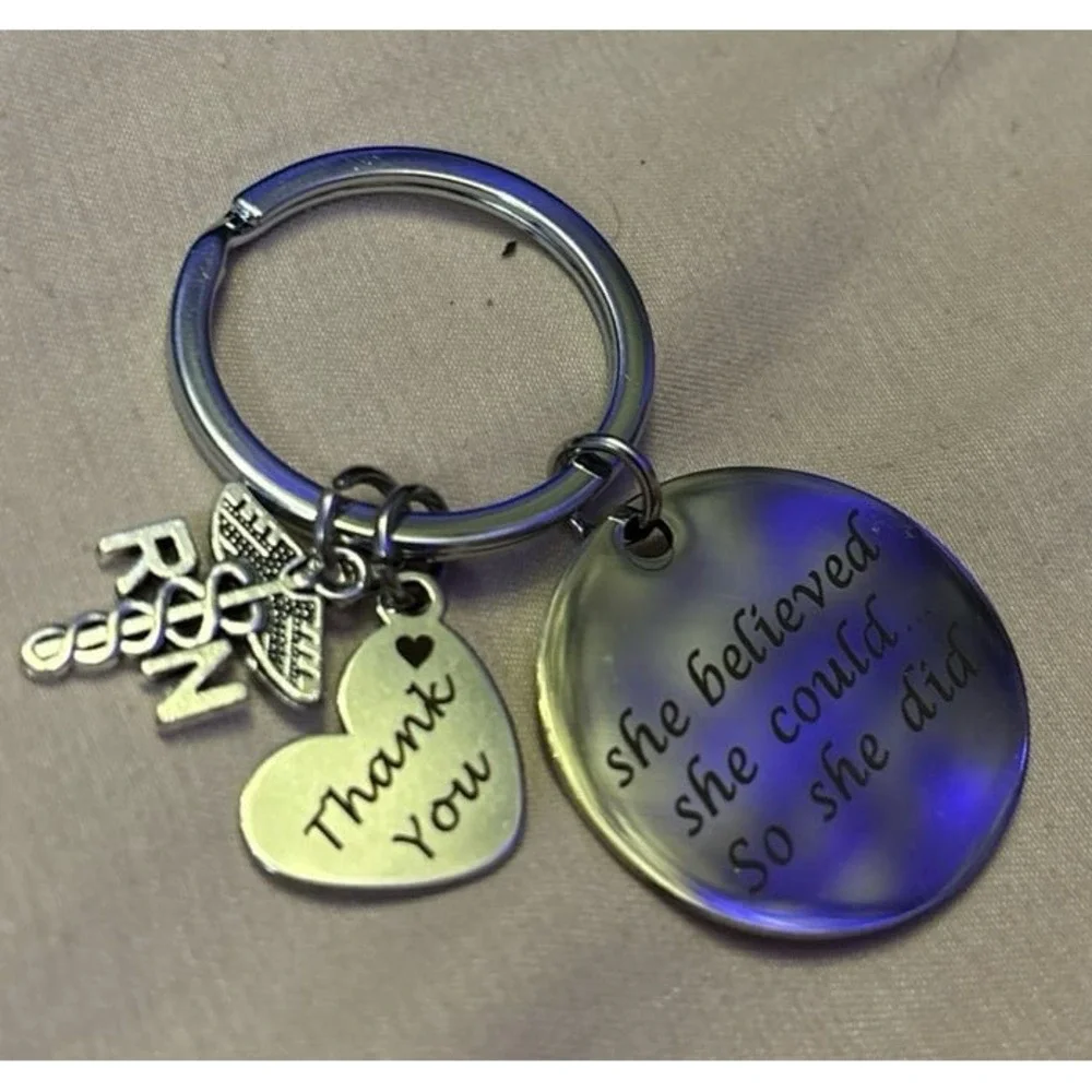 NEW Silver Nurse/RN Thank You Keychain w/‎ Charms - She Believed She Could